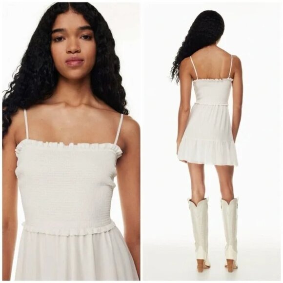 Aritzia Wilfred Tempest Sleeveless Tiered Chiffon Mini Dress Light Birch 2XL - Picture 3 of 9